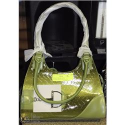 GREEN SNAKESKIN STYLE HANDBAG WITH STIRUP ACCENT