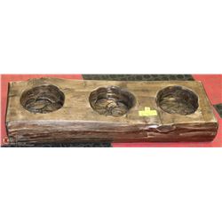 RUSTIC HOMEMADE 3 BOWL SOLID WOOD DOG DISH HOLDER