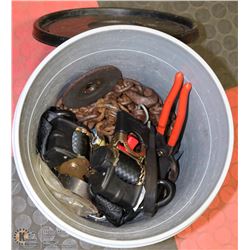 BUCKET WITH RATCHET STRAPS ,. CHAIN AND MORE