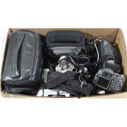 BOX OF CAMERAS, CAMCORDERS AND CAMERA