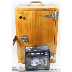 WOOD LOCKABLE BOX WITH CELESTRON TELESCOPE