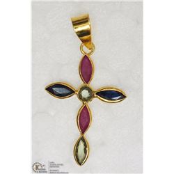 18KT YELLOW GOLD SAPPHIRE & RUBY CROSS  PENDANT