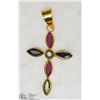 Image 1 : 18KT YELLOW GOLD SAPPHIRE & RUBY CROSS  PENDANT