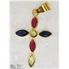 Image 2 : 18KT YELLOW GOLD SAPPHIRE & RUBY CROSS  PENDANT