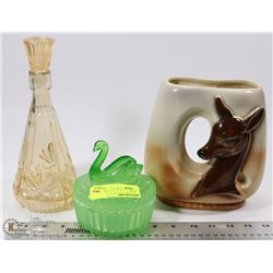 GREEN GLASS TRINKET BOX, DECANTER  WITH VASE
