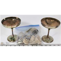 2 BRASS PLATED GOBLETS AND GEMSTONE ROCKS, FOSSILS
