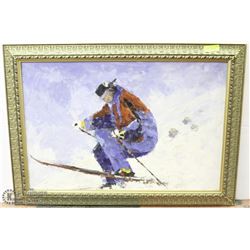 GOLD TONED FRAMED SKIER CANVAS PAINTING 40"X30"