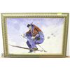 Image 1 : GOLD TONED FRAMED SKIER CANVAS PAINTING 40"X30"