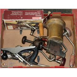 FLAT OF VINTAGE TOOLS INCL HAND DRILL, TORCH,