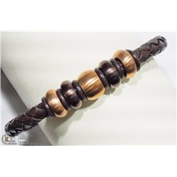 STAINLESS STEEL BROWN LEATHER W/ BRACELET & BEADS
