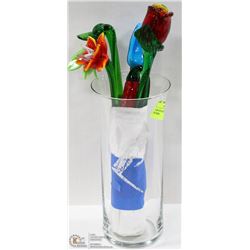 VASE WITH 6 DECORATIVE GLASS FLOWERS
