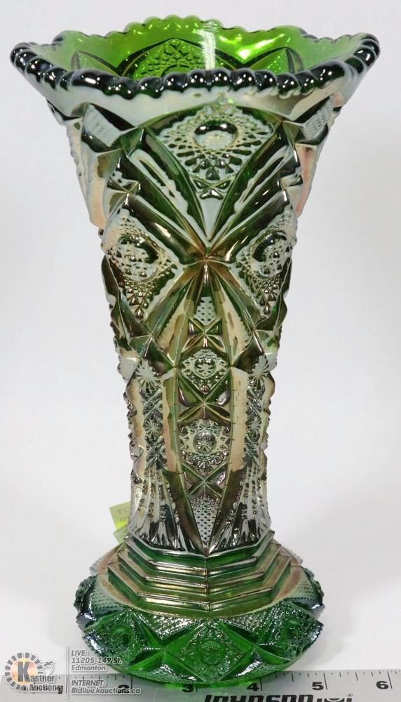 IMPERIAL CARNIVAL GLASS HOBSTAR NUCUT VASE GREEN imperial-carnival-glass-hobstar-nucut-vase-green