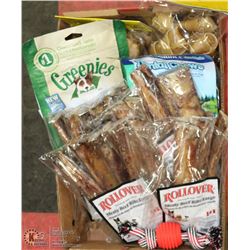 LARGE FLAT OF DOG TREATS INCL ROLLOVER BEEF RIBS,