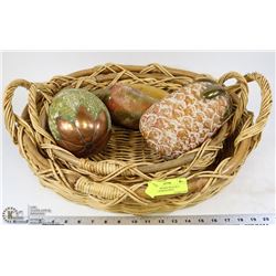 LOT OF 2 WICKER TRAYS W/ 4 COPPER & BRASS FRUIT