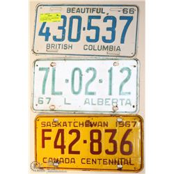 LOT OF 3 VINTAGE 1960'S LICENSE PLATES IN BC, SASK