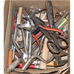 BOX WITH ASSORTED HAND TOOLS ETC, SOME VINTAGE