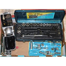 3 METAL TOOL HOLDERS WITH SOME SOCKETS, RATCHET