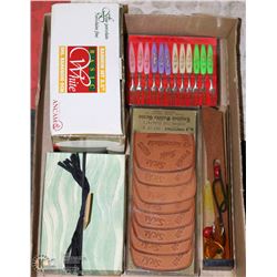 LOT OF VINTAGE HOUSEHOLD GOODS: RAMEKINS, LEATHER