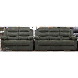 NEW GREEN FABRIC RECLINING SOFA AND LOVESEAT