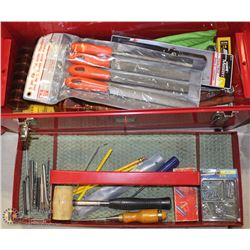 #14-RED TOOL BOX WITH ASSORTED WOOD TOOLS