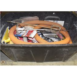 TOTE OF DRY WALL AND MUDDING TOOLS