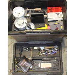 PLANO TOTE W/ MISC SMALL TOOLS, FENCE POST LEVELER