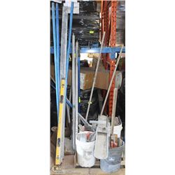 PALLET W/ 4 PAILS OF CONCRETE, FINISHING TOOLS,
