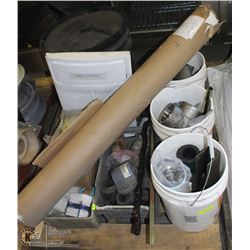 PALLET OF ASSORTED METAL FITTINGS + FABRIC ROLL