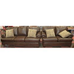 NEW BROWN BONDED LEATHER NAIL HEAD SOFA AND LOVE
