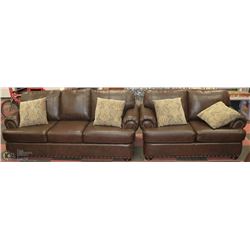 NEW BROWN BONDED LEATHER NAIL HEAD SOFA AND LOVE