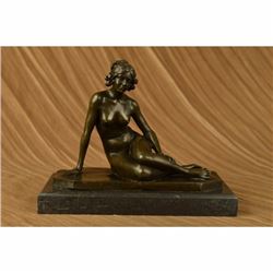 Nude Sitting Woman Bronze Erotic Sculpture on Marble Base Figurine
