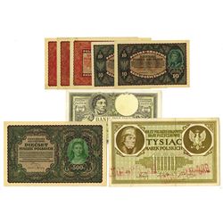 Bank Polski, Polska Nrajowa Kasa, ca. 1919-1924, Octet of Issued Notes