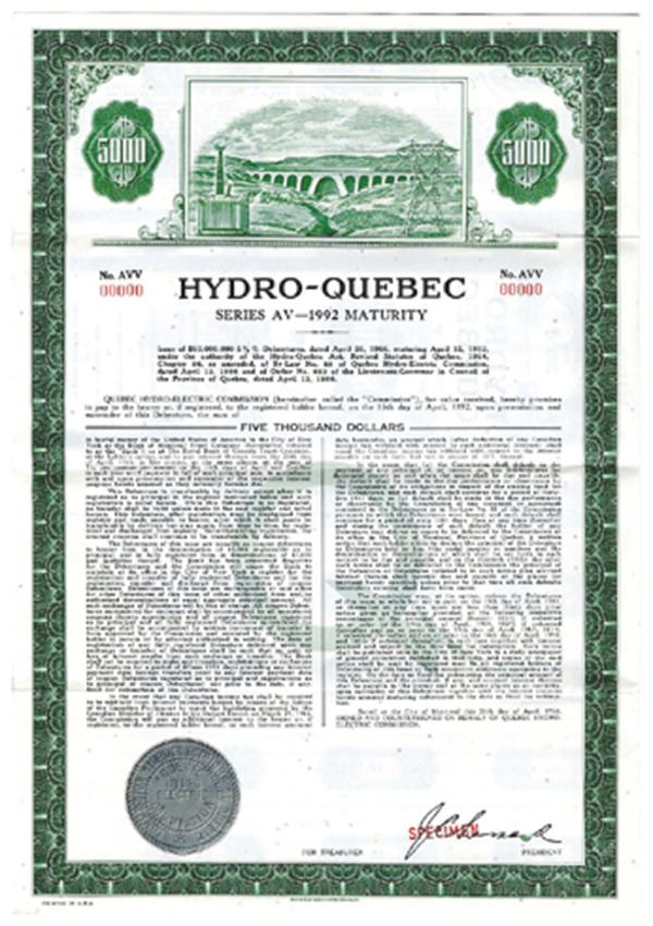 Hydro Quebec 1966 Specimen Bond