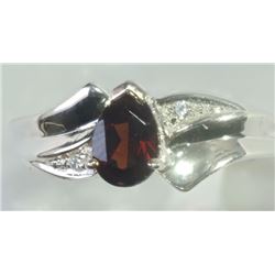 RING - PEAR FACETED GARNET WITH 2 SHOULDER GEMS IN STERLING SIILVER SETTING - RETAIL ESTIMATE $335
