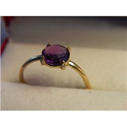 RING - RICH PURPLE ROUND CUSION CUT AMETHYST & 4 DIAMONDS IN STERLING SILVER SOLITAIRE DESIGNED SETT