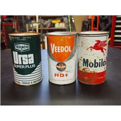 Oil Tins, Texaco Ursa (Full) Veedol, Mobiloil Tins (Empty)