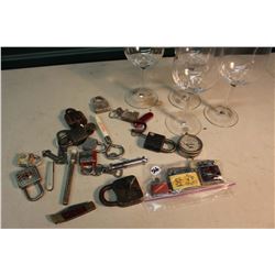 Lot of Lighters, Locks, Keys, Pocket Knives,Etc & 4 Wine Glasses