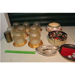 Glass Bowls (2), Lamp Shades (8), Assorted Buttons, Etc
