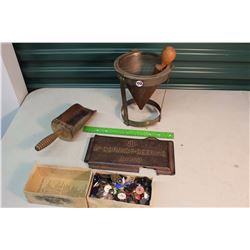 Metal Misc. (Strainer, Scoop, Toolbox Lid, Mccormick Deering)& Assorted Buttons