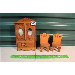 Folk Art Child's Toy Armoir & Two Chairs