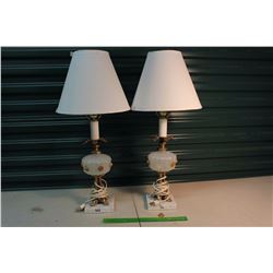 Pair of Marble Based & Brass Lamps W/Shades (Broken Off Flower, Easy Fix)