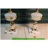 Image 2 : Pair of Marble Based & Brass Lamps W/Shades (Broken Off Flower, Easy Fix)