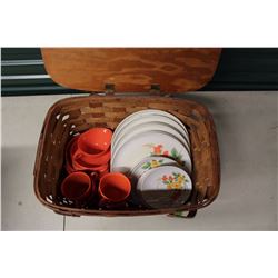 Picnic Basket W/Melmac Dishes