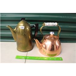 Brass Coffee Pot & Copper Tea Kettle W/Delft China Handles