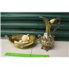 Image 1 : Decorative Brass (2 Pieces)(Bowl W/Hand Carved Wooden Fruit& Italian Brass Pitcher)