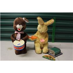 1950s Drummer Bear & "Carrot Juice" Bunny Tin Toys (Battery Operated)