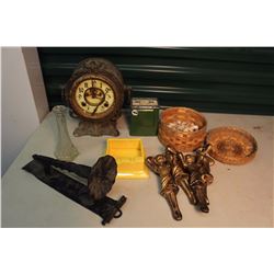 Lot of Misc. (Metal Clock, Candle Holder, 4 Cast Iron Figurines, Sea Shells, Etc)