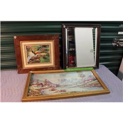 Two Framed Pictures(Larger Picture 26”x14”) & One Framed Mirror