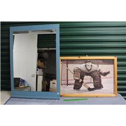 Framed Mirror (27”x39”) & Framed Hockey Puzzle (31”x22”)