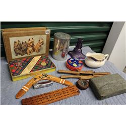 Lot of Tins, Glassware, Spoke Shaves, Coco-Cola Crib Board, Etc